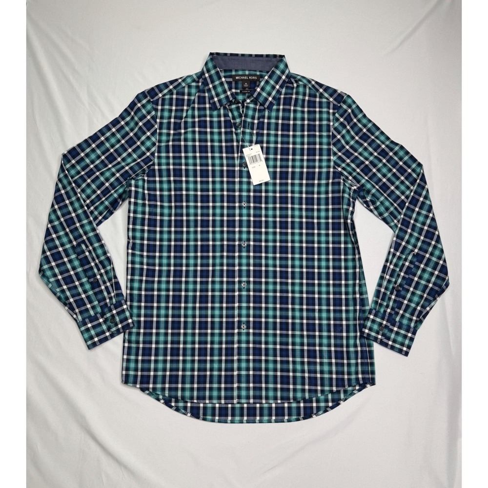 NWT Michael Kors Mens M Classic Fit Plaid Button Down Shirt Dark Teal Preppy